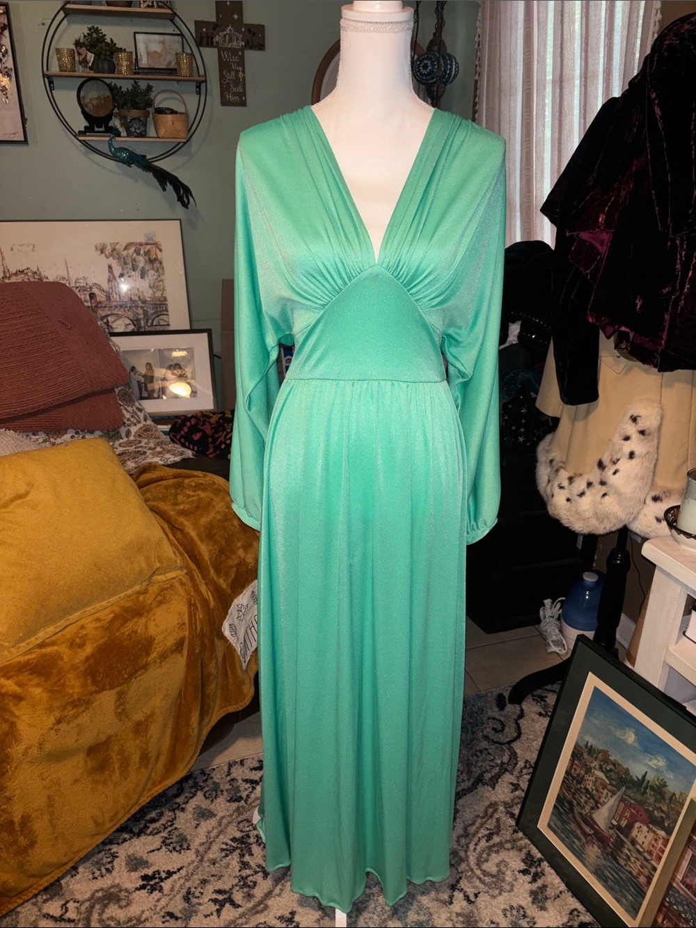 Vintage 70’s Ursula of Switzerland Mint Green V-Neck Maxi Dress with Long Sleeve